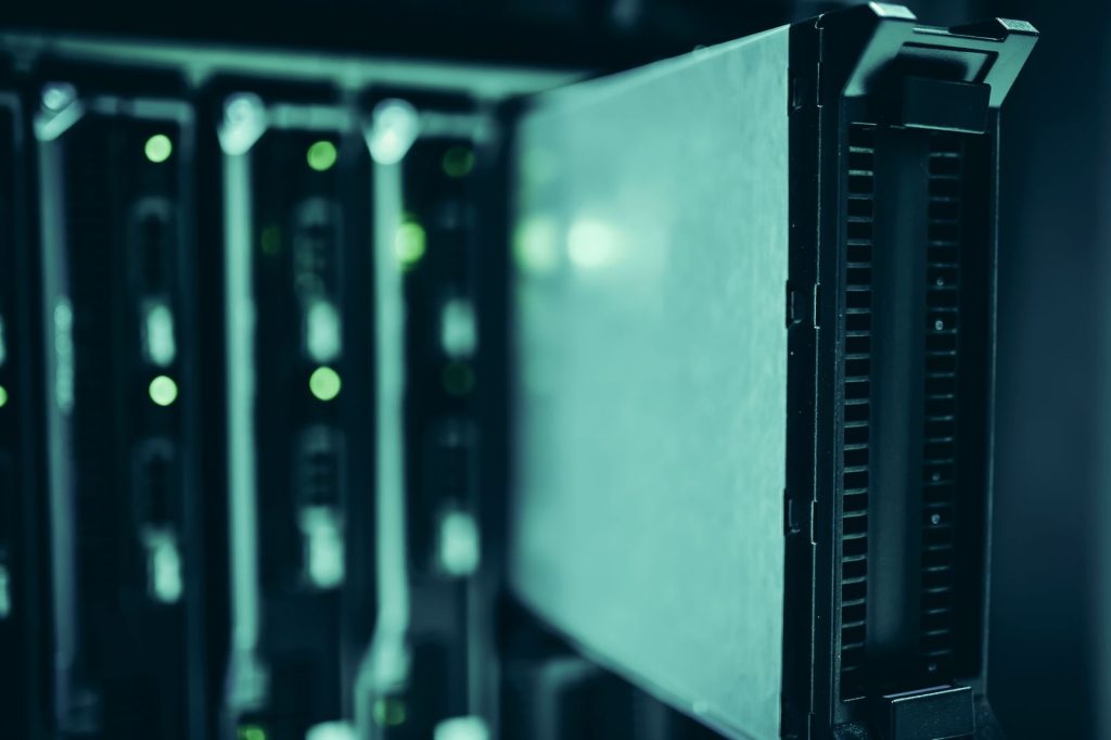 Close-up of blade servers in a data centre rack